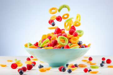 Mixed fruit jelly candies in glass bowl on white background.