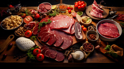 Assortment of cold meats, variety of processed cold meat products. On a wooden background.
