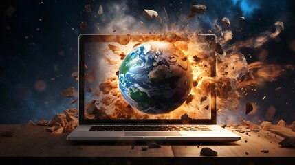 Laptop showing big bang, electronic warfare and technology concept