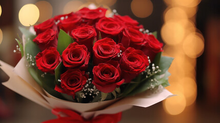Fototapeta premium Romantic bouquet of red roses on bokeh background, Valentine Day, Anniversary, Wedding, Copy space for text. Generative AI