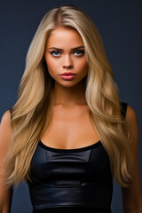 Fototapeta premium Beautiful young woman, modern with makeup, in a black top and a black leather jacket.