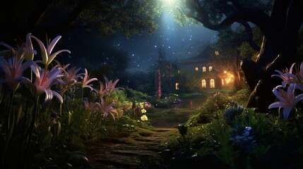 A serene garden adorned with Starlight Lilies, their radiance casting a surreal ambiance in the...