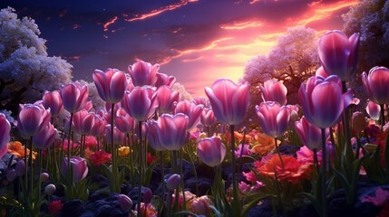 Obraz na płótnie Canvas A serene garden filled with Twilight Tulips, the twilight sky casting a magical glow on the petals