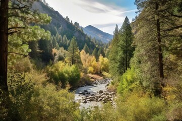 Fototapeta na wymiar Scenic vista of abundant woods enclosed by winding stream and majestic peaks. Generative AI