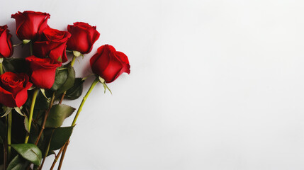 Fototapeta premium Romantic bouquet of red roses on white background, Happy Valentine Day, Love, Anniversary Celebration, Copy space. Generative AI