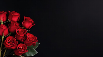 Romantic bouquet of red roses on black background, Happy Valentine Day, Love, Anniversary Celebration, Copy space. Generative AI
