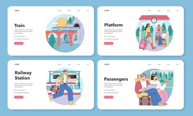 Train trip web banner or landing page set. Characters traveling by train. Passengers with luggage getting on train. Railway travel and tourism. Flat vector illustration