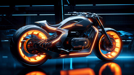 futuristic motorbike with a holographic wireframe digital technology background