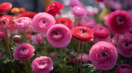 A serene garden scene filled with Ruby Ranunculus blooms in full ultra HD