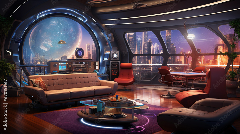 Wall mural a futuristic science fiction-themed room with holographic displays, neon lighting, and futuristic fu