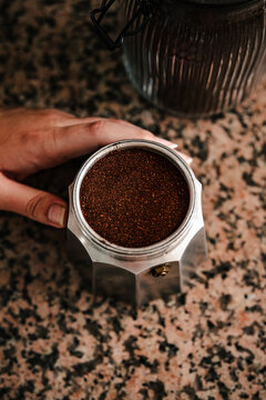 Fresh coffee grounds preparation