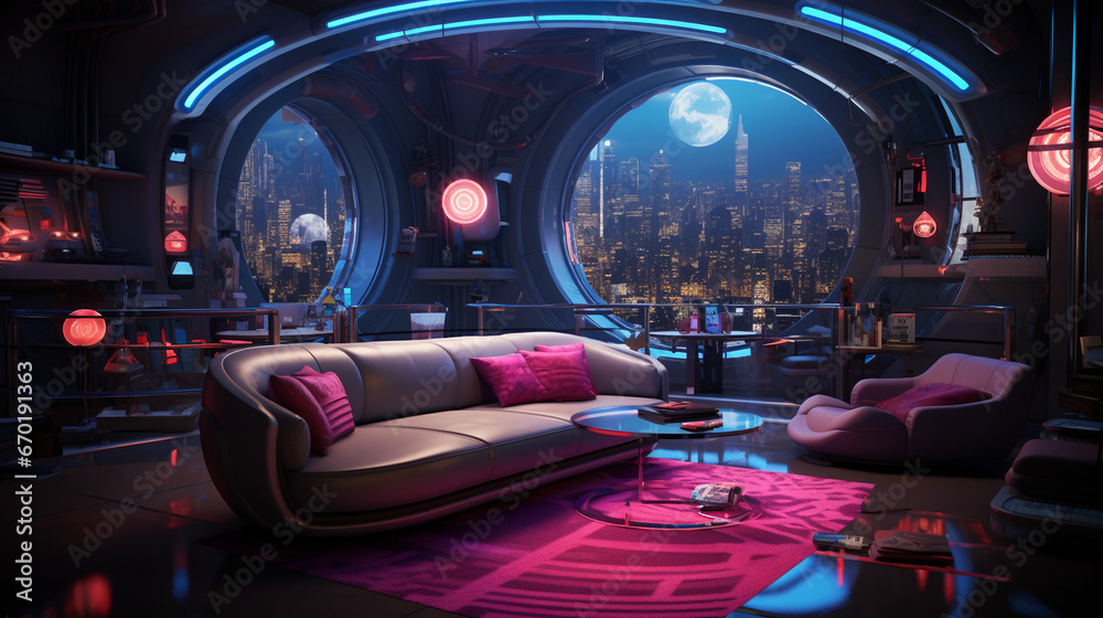 Wall mural a futuristic science fiction-themed room with holographic displays, neon lighting, and futuristic fu