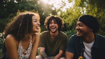 Diverse Group of Friends Enjoying a Picnic in a Lush Green Park