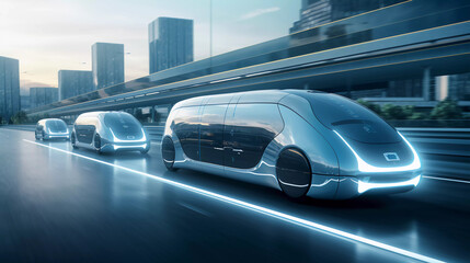 futuristic vehicles on highway with full self driving system activated for transportation autonomy concepts as wide banner with copy space area