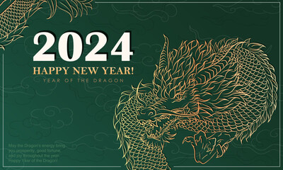 Green luxury banner with linear hand-drawn clouds and Asian dragon for 2024 New Year. Banner with golden dragon as Chinese traditional horoscope sign. A4 greeting card for Christmas holidays - obrazy, fototapety, plakaty