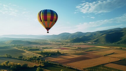 Floating Hot Air Balloon Over Picturesque Countryside