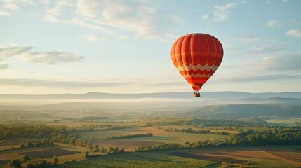 Floating Hot Air Balloon Over Picturesque Countryside