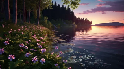 Foto auf Acrylglas A serene lakeside landscape with the reflection of the evening sky in the water, framed by a profusion of Twilight Trillium flowers in full bloom along the shore. © Anmol