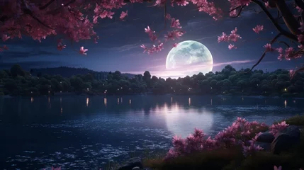 Rolgordijnen A serene landscape featuring a Moonlit Magnolia grove by a calm lake, reflecting the night sky. © Anmol