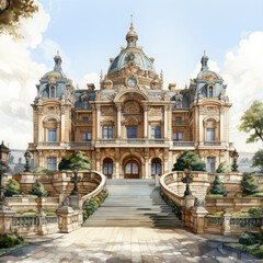 Fototapeta na wymiar Waterco Palace of Versailles white background illustration, Generative Ai