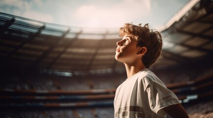 Fototapeta premium Boy standing in the middle of football stadium pitch and dreaming become football soccer player