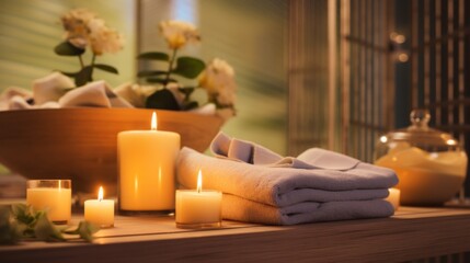 Fototapeta na wymiar Tranquil Spa Scene with Candles, Towels, and Soothing Ambiance