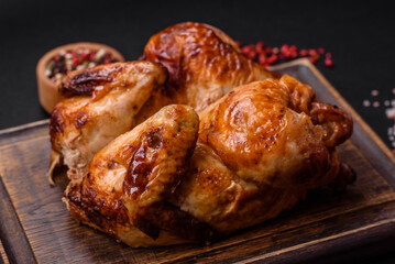 Crispy delicious whole baked chicken with vegetables, salt and spices