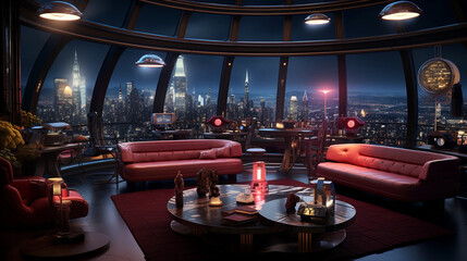 A futuristic science fiction-themed room with holographic displays, neon lighting, and futuristic furniture