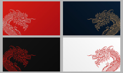 Collection of 4 empty banners with linear traditional Chinese dragons and place for text. Red, blue, black and white minimalist cards or wallpapers with asian mythological reptile animal
