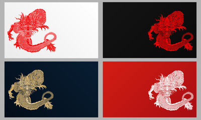 Set of 4 banners with angry flying dragon in Asian ink style. Black, blue, red and white wallpapers with solid Chinese mythological reptile and empty place for text. Dragon as 20024 new year symbol