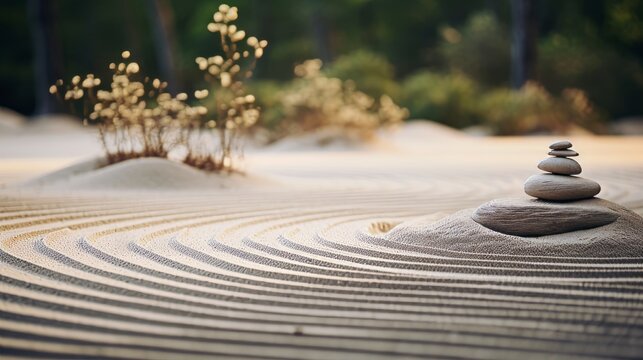 Tranquil Zen Garden with Raked Sand and Balanced Stone Arrangements