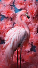 Obraz premium Pink flamingo on the background of the wall with exotic beautiful flowers, bright tropical concept