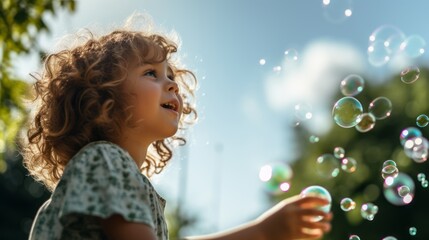 Child Blowing Soap Bubbles on Sunny Day
