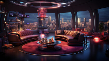 Fototapeta na wymiar A futuristic science fiction-themed room with holographic displays, neon lighting, and futuristic furniture