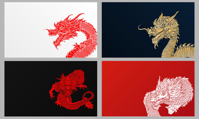Collection of 4 empty banners with outline traditional Chinese dragons and place for text. Red, blue, black and white minimalist cards or wallpapers with asian mythological reptile animal