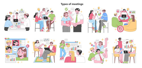 Types of Meetings set. Professionals engage in diverse discussions. Office desk collaboration, casual cafe chat, online webinar, brainstorming session, and presentation. Flat vector illustration.