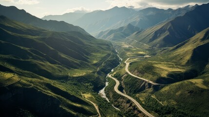 Aerial View of Winding Roads in a Picturesque Mountain Range