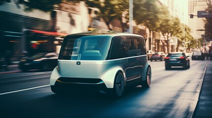 Autonomous Electric Car Driving Down City Street