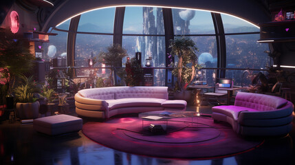 Fototapeta na wymiar A futuristic science fiction-themed room with holographic displays, neon lighting, and futuristic furniture
