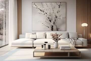 Modern living space with white sofa and minimalist Scandinavian decor. Generative AI