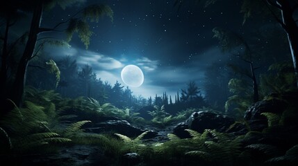Obraz na płótnie Canvas A serene moonlit night where the Celestial Cinnamon Ferns seem to glow with an otherworldly light, creating an enchanting scene.