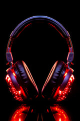 Fototapeta na wymiar Close up of pair of headphones on black background with red light.
