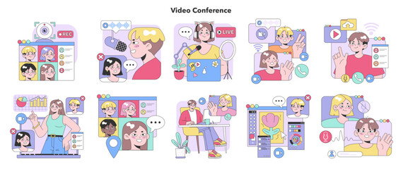 Video Conference set. Engaging online interactions with diverse characters. Recording sessions, live streams, multimedia tools. Playful virtual meetings, colorful chats. Flat vector illustration