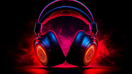 Fototapeta na wymiar Close up of pair of headphones on black background with red light.
