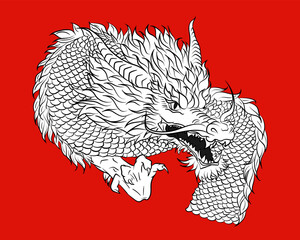 Detailed realistic ink dragon in asian style for 2024 Lunar new year. Sketch or tattoo with Chinese mythology creature on red background. Scary angry dragon