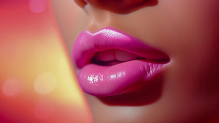 Close up of pink lips on pink surface with pink background.