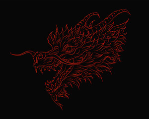 Red silhouette of outline dragon head on black background. Gothic poster with Asian mythology reptile and zodiac astrology sign for t-shirts of tattoo