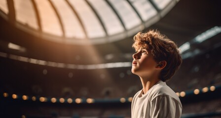 Boy standing in the middle of football stadium pitch and dreaming become football soccer player - obrazy, fototapety, plakaty