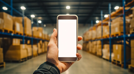 Closeup of man hands using mobile phone in warehouse, white screen, mockup, with industry background. logistic wholesale storehouse, Online shopping concept. - Powered by Adobe