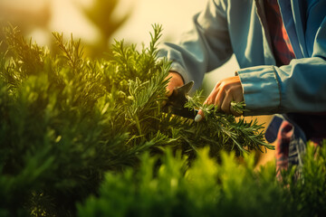 Close-up woman's hands cutting juniper in the garden.
